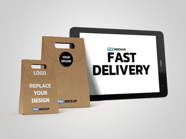 Download Premium PSD | Online delivery boxes mockup with tablet