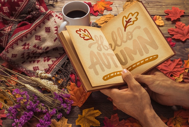 Download Open book mockup with autumn concept PSD file | Free Download PSD Mockup Templates