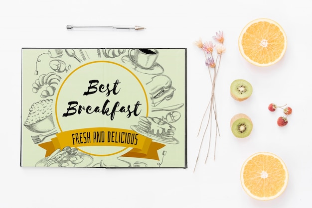 Download Free PSD | Open notebook mockup with breakfast concept