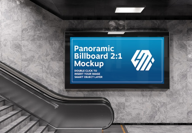 Download Premium PSD | Panoramic billboard on subway escalator wall mockup