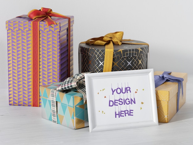 Download Party picture frame mockup with gift boxes and ribbon ...