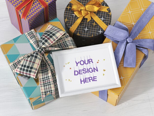 Download Party picture frame mockup with gift boxes and ribbon ...