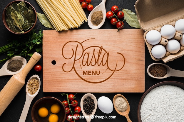 Download Pasta mockup with wooden board PSD file | Free Download