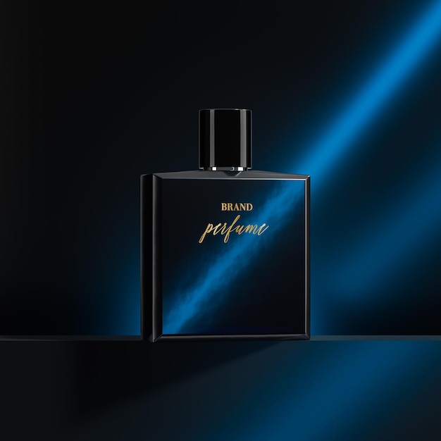 Premium PSD | Perfume bottle logo mockup navy blue background