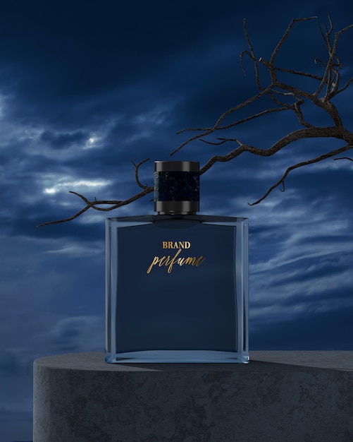 Download Premium PSD | Perfume bottle logo mockup with cloudy night sky 3d render