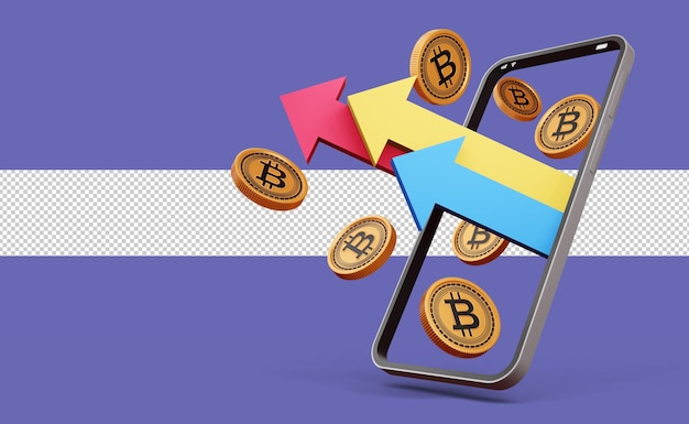 Premium PSD | Phone and arrow with cryptocurrency bitcoin symbol 3d ...