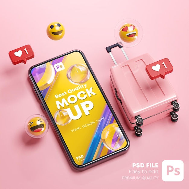  Phone mockup pink suitcase emoji online travel holiday concept 3d rendering