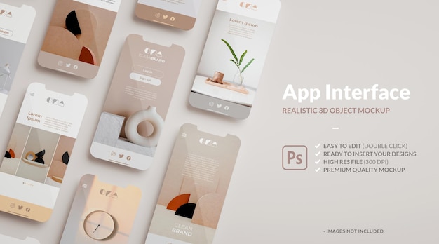 Phone mockup and screens with copy space in 3d rendering ui ux for app presentation Premium Psd
