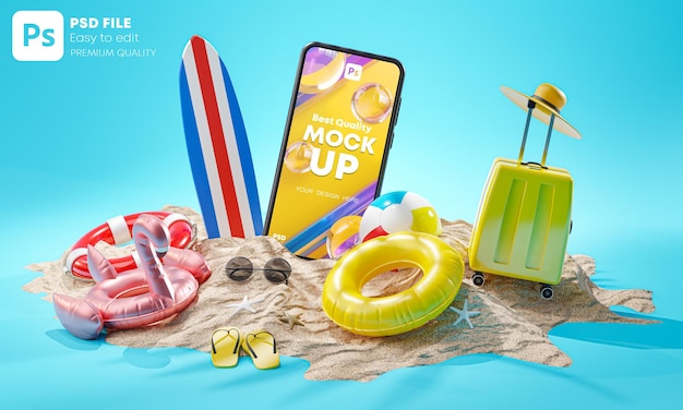  Phone mockup summer vacation background concept beach accessories 3d rendering