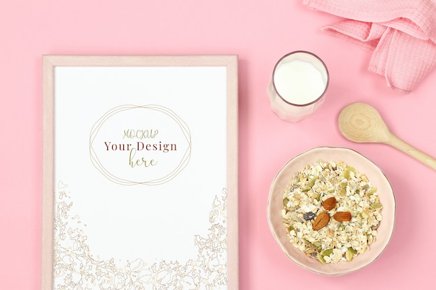 Download Photo frame mockup on pink background with muesli and glass of milk | Premium PSD File