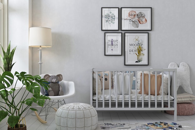 Download Premium PSD | Photo frame mockup in white modern nursery room