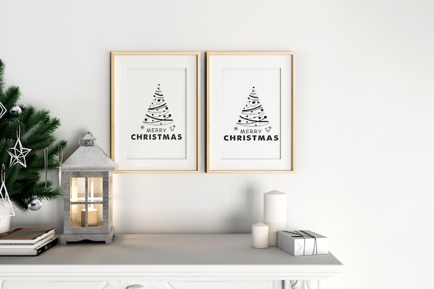 Premium PSD | Photo frame with christmas tree mockup on the wall