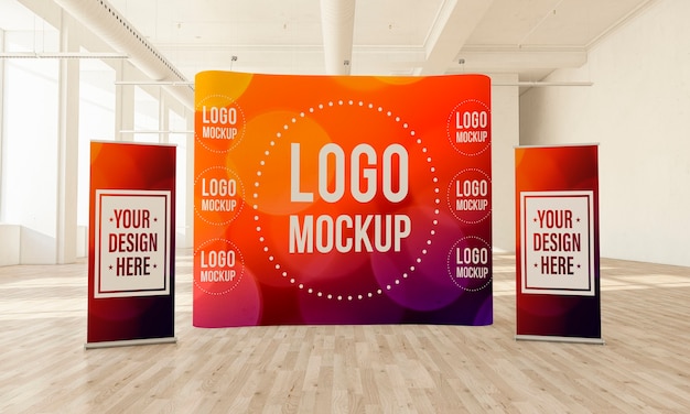 Premium PSD | Photocall and rollups at minimal hall mock up