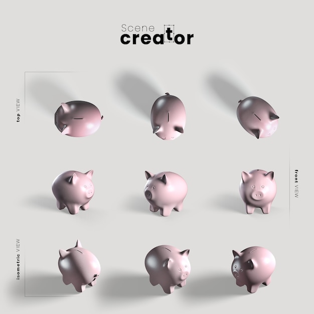 Piggy bank various angles for scene creator illustrations Free Psd