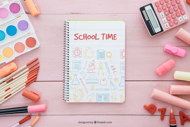 Pink back to school composition with notebook PSD Template