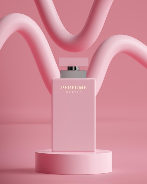 抽象的な背景の3dレンダリングでブランドのプレゼンテーションのためのピンクの香水瓶のロゴのモックアップ プレミアムpsdファイル