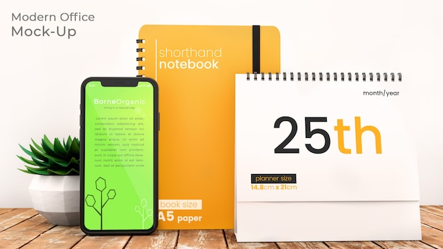 Pixel perfect modern office scene mockup with iphone x, notebook, and desktop planner on rustic wooden table with office supplies psd mock up Premium Psd