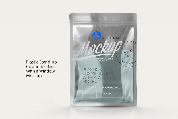 Download Plastic stand-up cosmetics bag with a window mockup ...