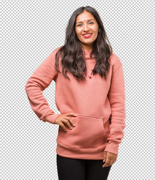 Premium Psd Portrait Of Fitness Young Indian Woman With Hands On Hips Standing Relaxed And Smiling