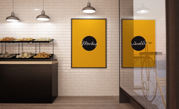 Premium PSD | Poster on bakery wall mockup