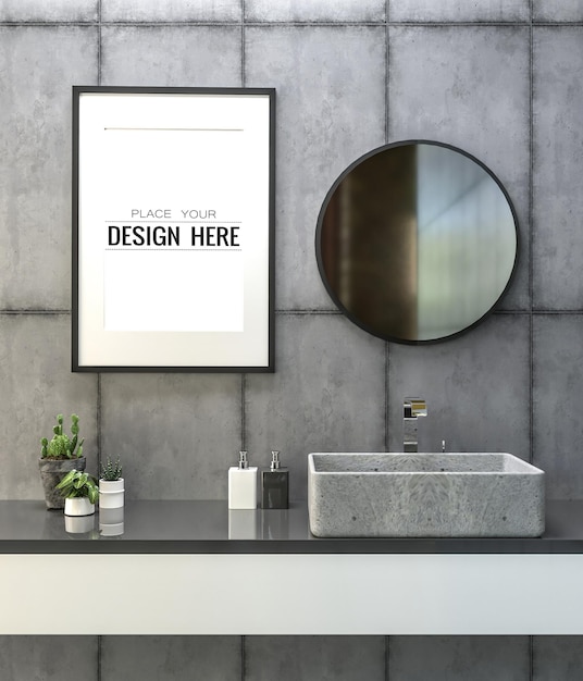 Free PSD Poster Frame Mockup On Bathroom Interior