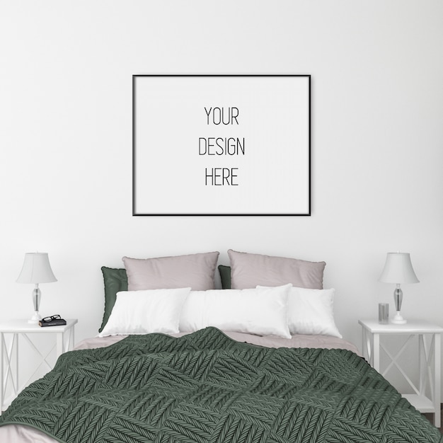 Premium PSD | Poster mockup, bedroom with horizontal frame