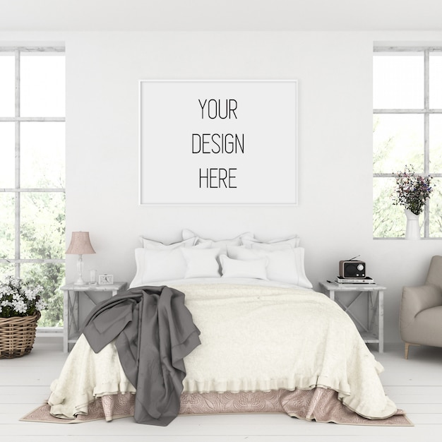 Poster mockup, bedroom with horizontal frame | Premium PSD File