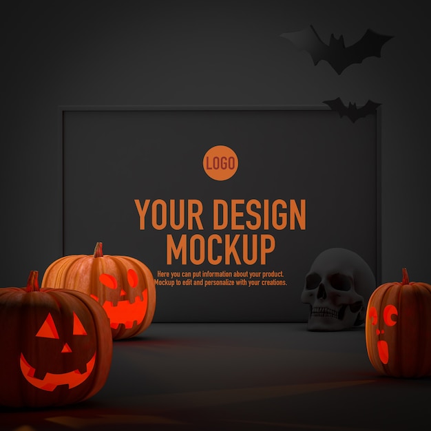 Premium Psd Poster Mockup For Halloween Next To Some Pumpkins And Bats