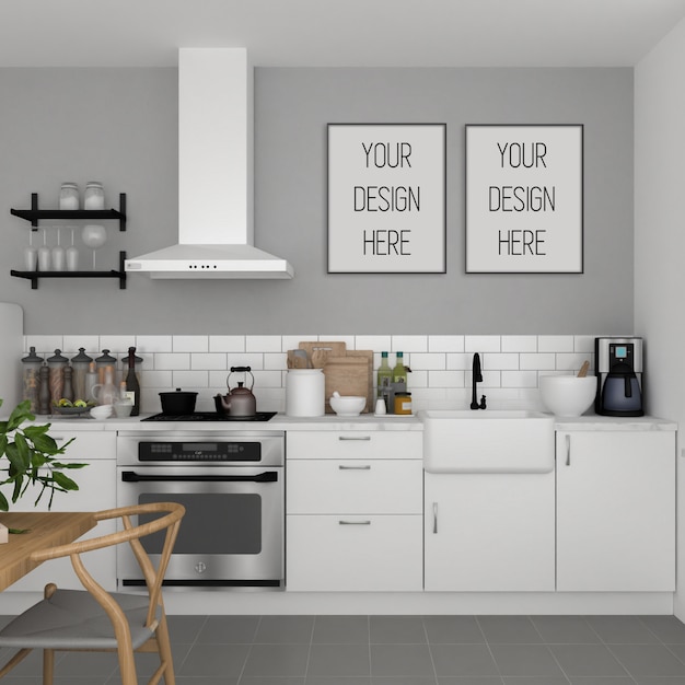Poster mockup, kitchen with vertical frame, scandinavian interior | Premium PSD File