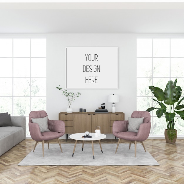 Download Poster mockup, living room with horizontal frame | Premium PSD File