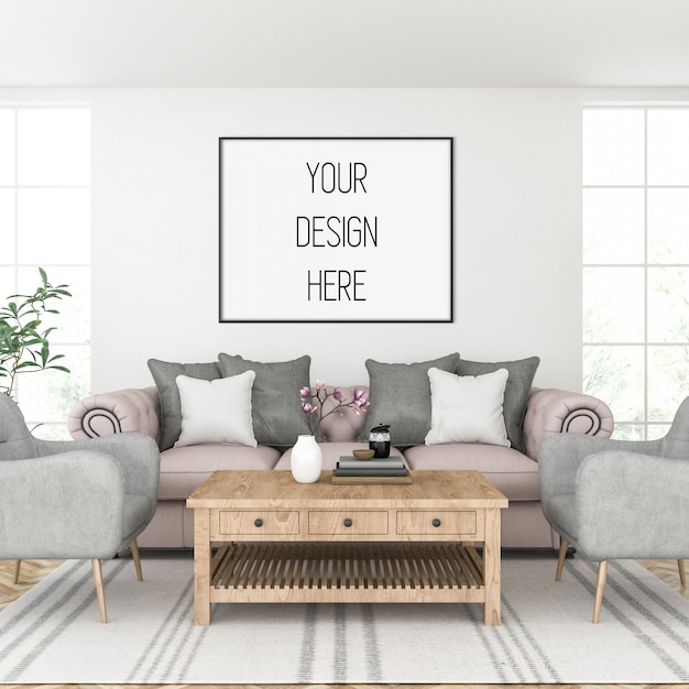 Download Poster mockup, living room with horizontal frame | Premium PSD File