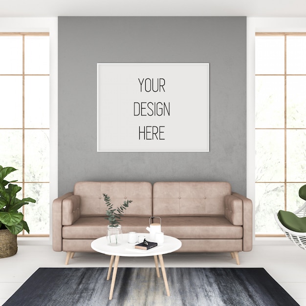 Premium PSD | Poster mockup, living room with horizontal frame