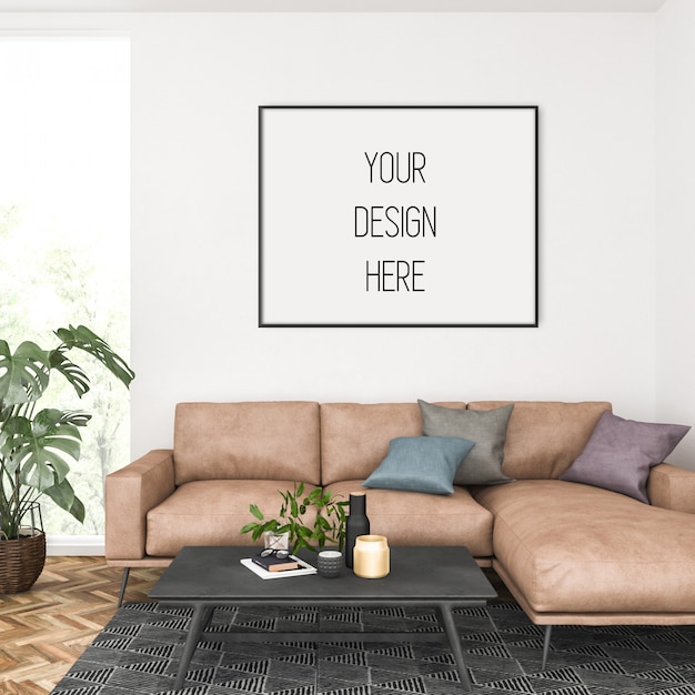 Poster mockup, living room with horizontal frame | Premium PSD File