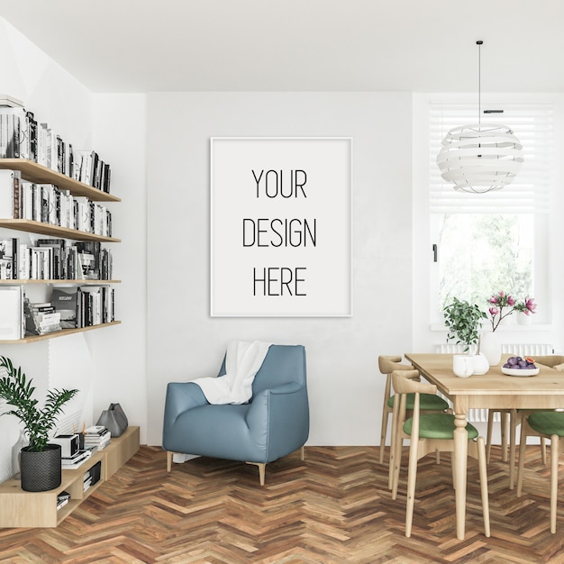 Poster mockup, living room with white vertical frame, scandinavian interior | Premium PSD File
