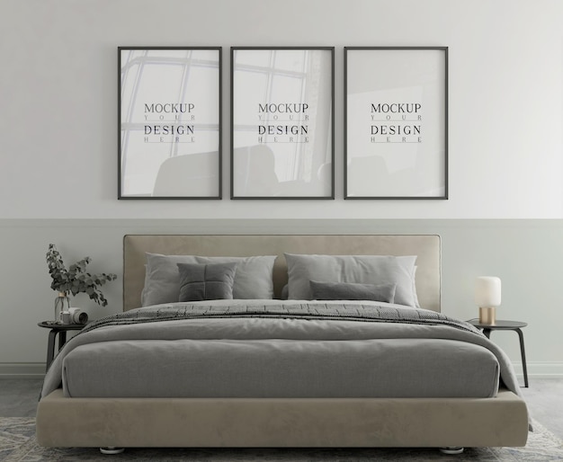 Premium PSD | Poster mockup in modern bedroom 3d rendering