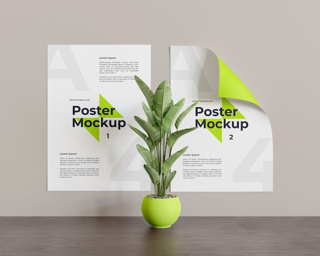Poster mockup with plant in the middle look on the front view Premium Psd