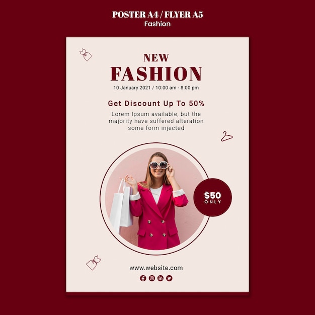 Free PSD | Poster template for fashion sale with woman and shopping bags