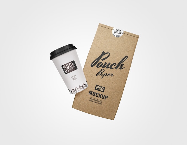 Download Pouch and coffee cup mockup | Premium PSD File