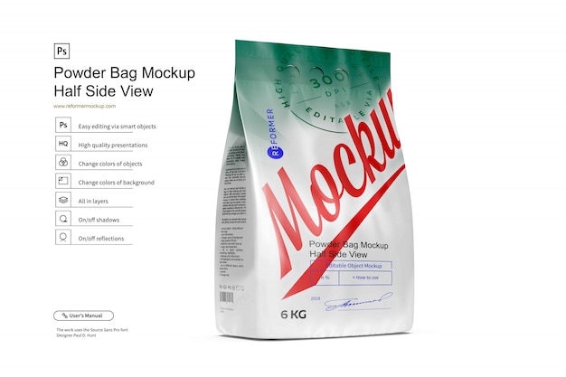 Download Premium PSD | Powder bag mockup half side view 6kg