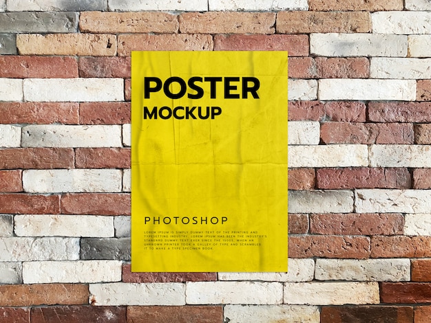 Premium PSD | Print poster mockup on brick wall realistic