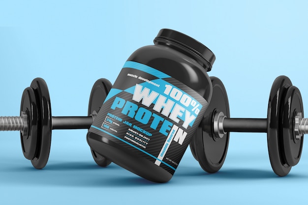 Download Protein powder supplement packaging with dumbbell mockup | Premium PSD File