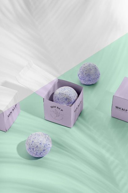 Free PSD | Purple boxes and bath bombs mock-up
