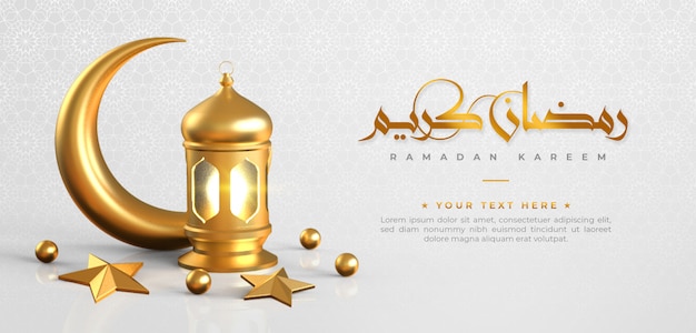 Ramadan kareem islamic greeting background with crescent moon , lantern, star and arabic pattern and