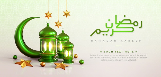 Ramadan kareem islamic greeting background with green crescent moon , lantern, star and arabic patte