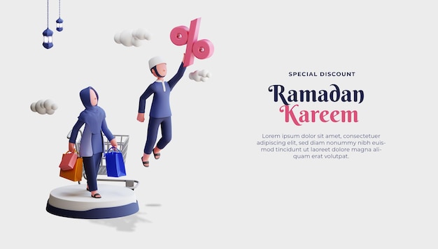  Ramadan kareem sale banner template with 3d muslim couple character and shopping bag