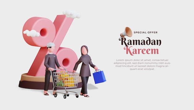  Ramadan kareem sale banner template with 3d muslim couple character and shopping cart