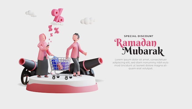  Ramadan mubarak sale banner template with 3d muslim couple character and big discount