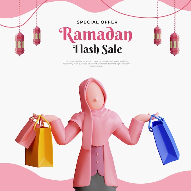  Ramadan sale banner template with 3d female muslim character and shopping bag