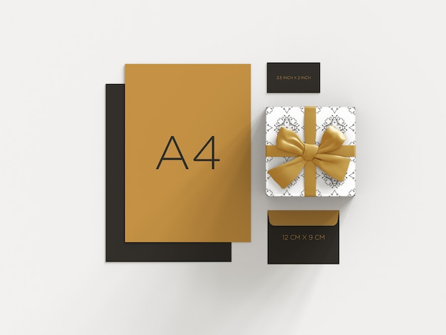 Download Ready to use stationery branding mockup with gift box top view PSD file | Premium Download