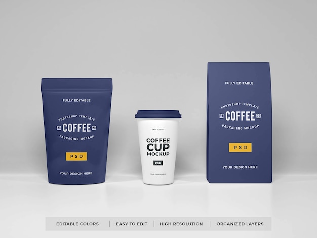 Download Premium PSD | Realistic coffee packaging set mockup